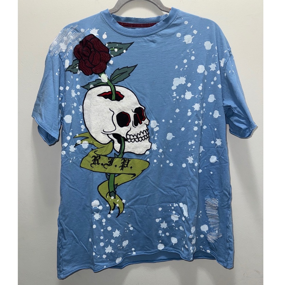 Edward Dada Mens L Skull Rose Graphic T Shirt Blue Y2K Tattoo Rhinestone R.I.P.